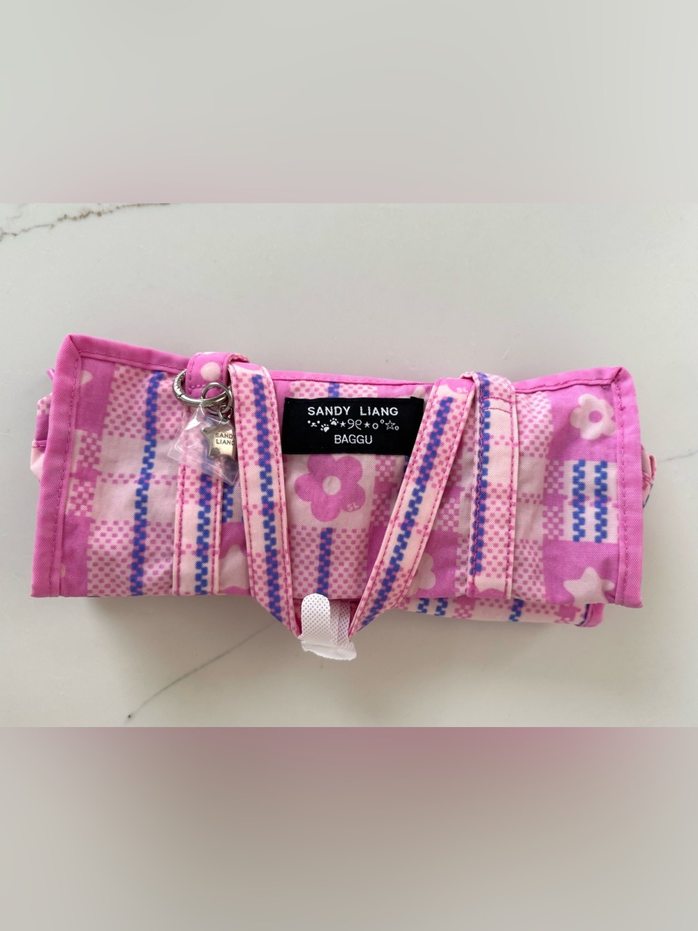 Baggu X Sandy Liang Mini Nylon Plaid Pink Market Bag - NEVER USED
